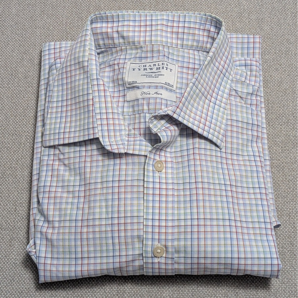 Charles Tyrwhitt Men's Dress Shirt 17/35 Multi-Color Plaid Non Iron French Cuff